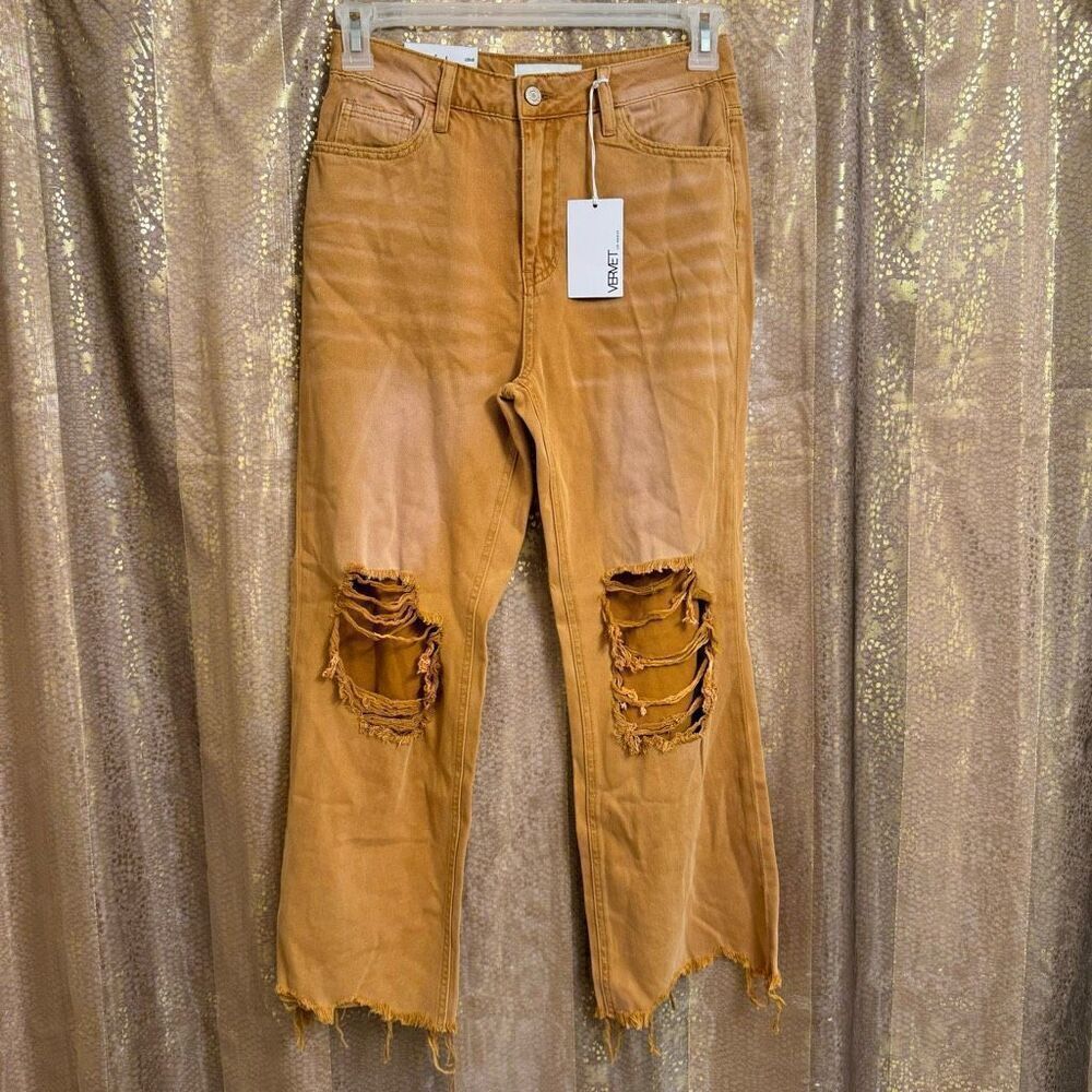 Vervet Leslie Distressed Golden Mustard 90s Vintage Flare Jeans Size 26